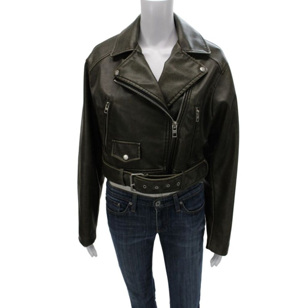 Zara Womens Biker Motorcycle Jacket Green Collared Long Sleeve Size S